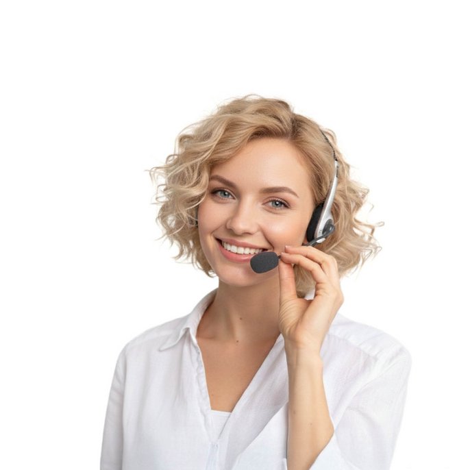 Blonde woman talking to customers via a headset
