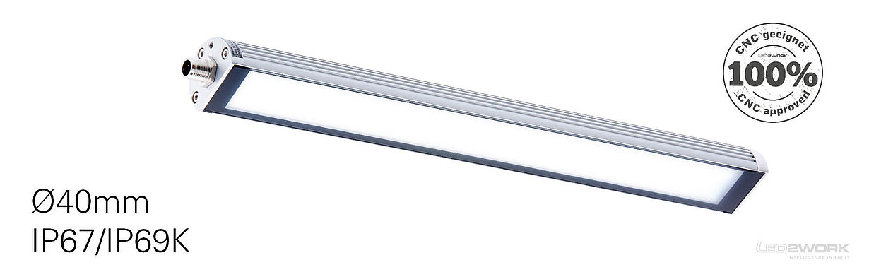 LED2WORK machine light TUBELED_40 II - approximately 3.28 feet long, just under 1.57 inches in diameter, and with a high protection rating of IP67/IP69K.