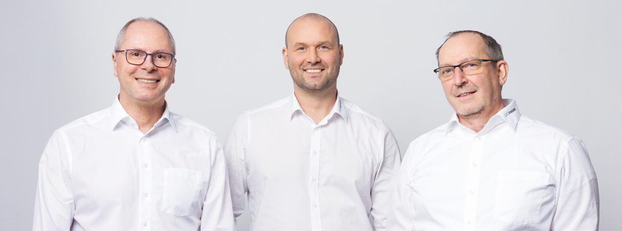 In the following order (from right to left): Hans Peter (Chief Sales Officer), Jan Schiga (Chief Executive Officer), and Thomas Geiger (President of LED2WORK Inc.).
