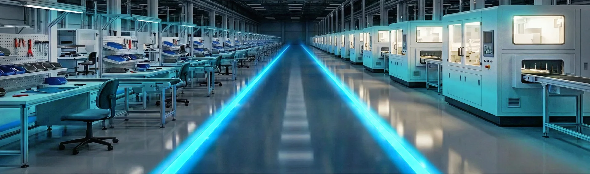 Modern, automated production hall with rows of machinery on both sides and a blue-lit central aisle.
