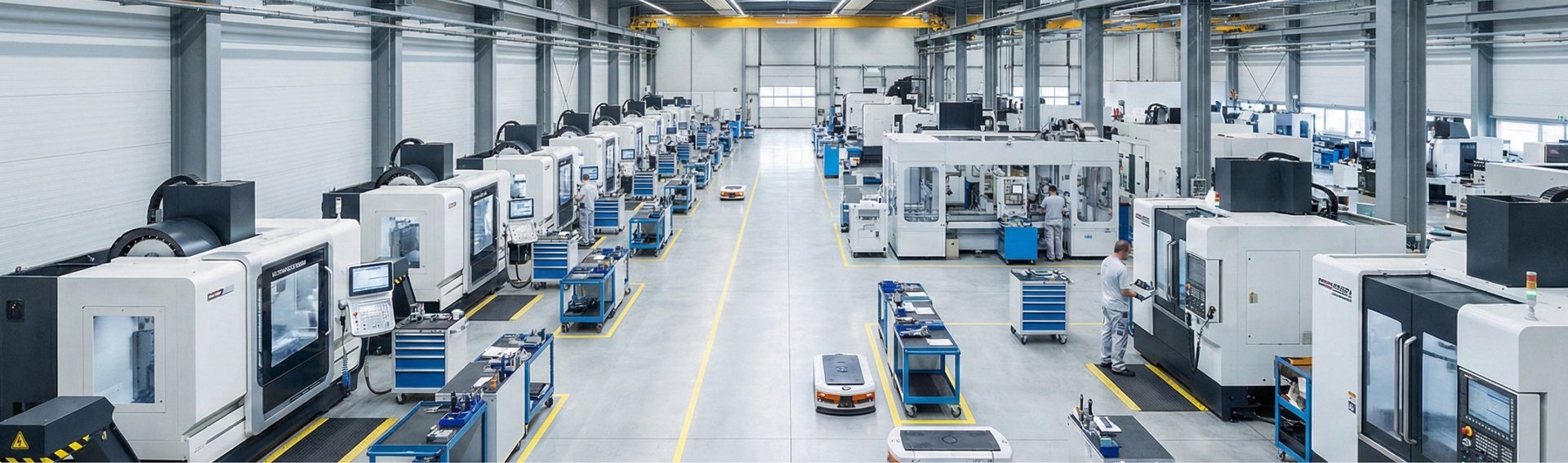 Large industrial facility with CNC machines arranged in parallel rows and a central traffic aisle.
