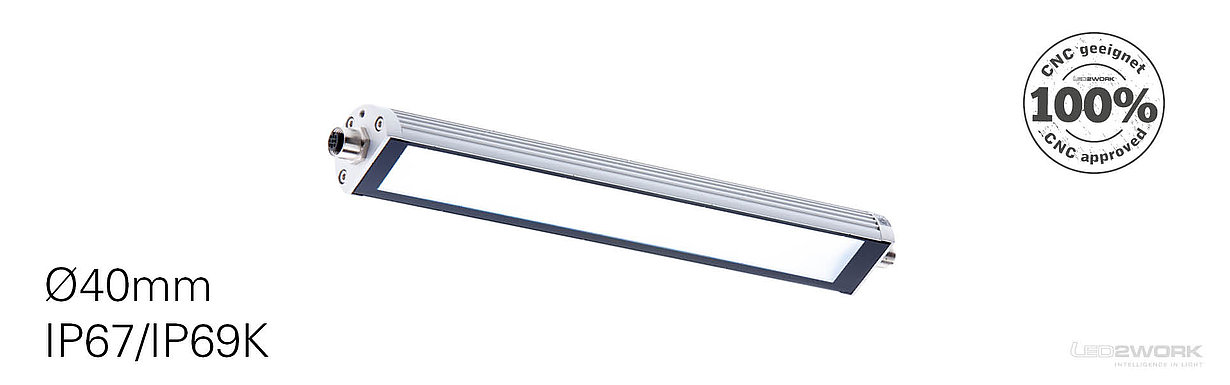 LED2WORK machine light TUBELED_40 II - approximately 3.28 feet long, just under 1.57 inches in diameter, and with a high protection rating of IP67/IP69K.