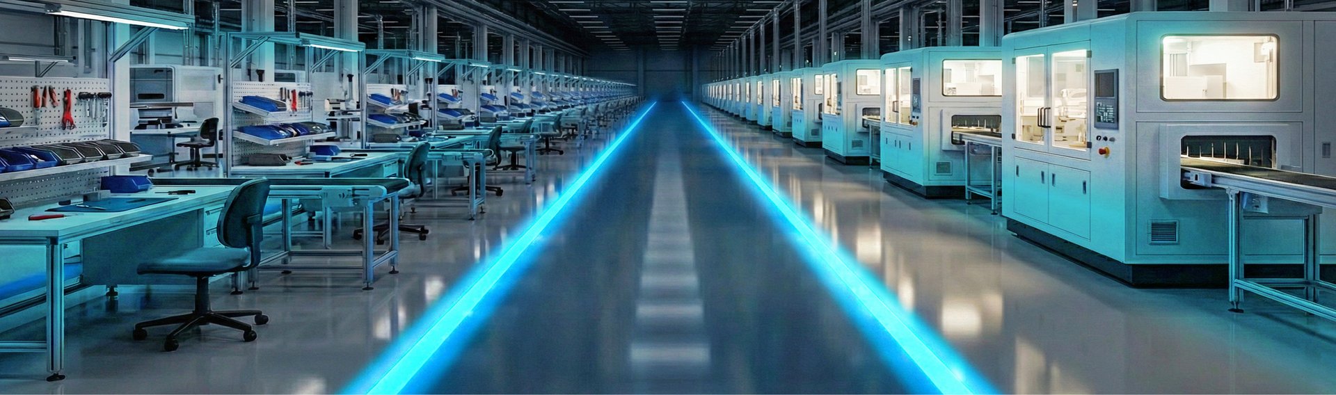 Modern, automated production hall with rows of machinery on both sides and a blue-lit central aisle.