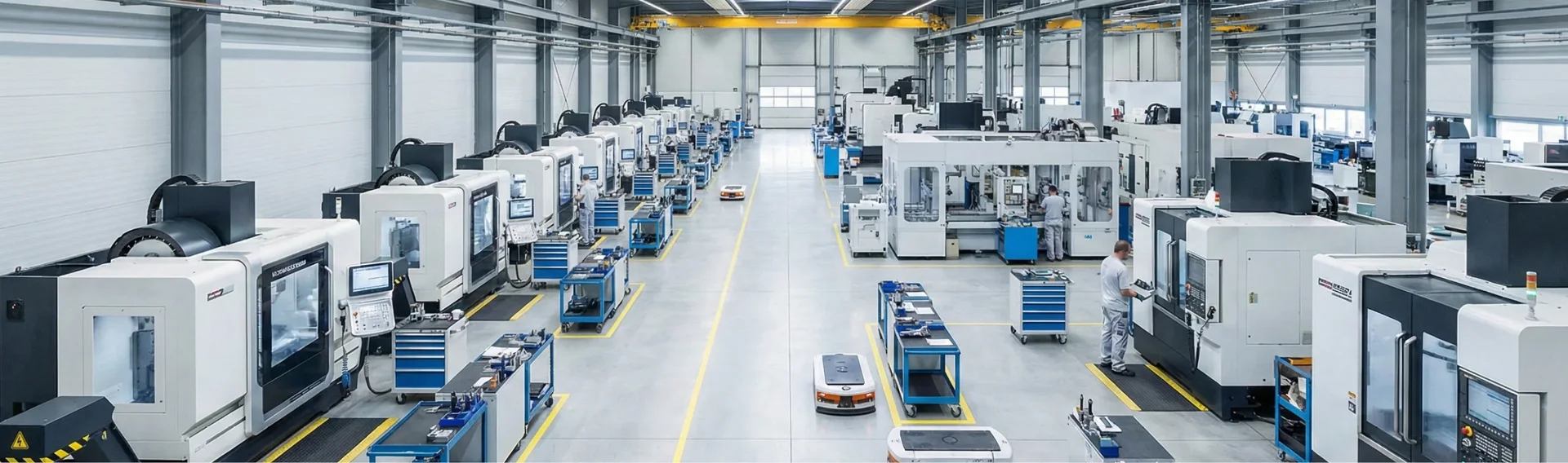 Large industrial facility with CNC machines arranged in parallel rows and a central traffic aisle.