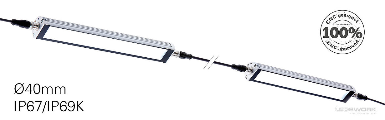 LED2WORK machine light TUBELED_40 II - approximately 3.28 feet long, just under 1.57 inches in diameter, and with a high protection rating of IP67/IP69K.